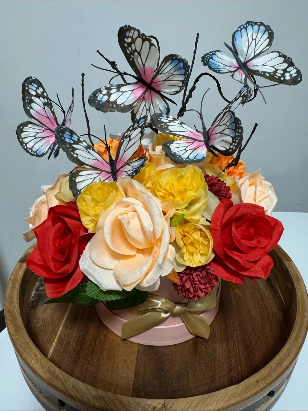 Elegant Pink Hatbox Floral Arrangement with Butterflies